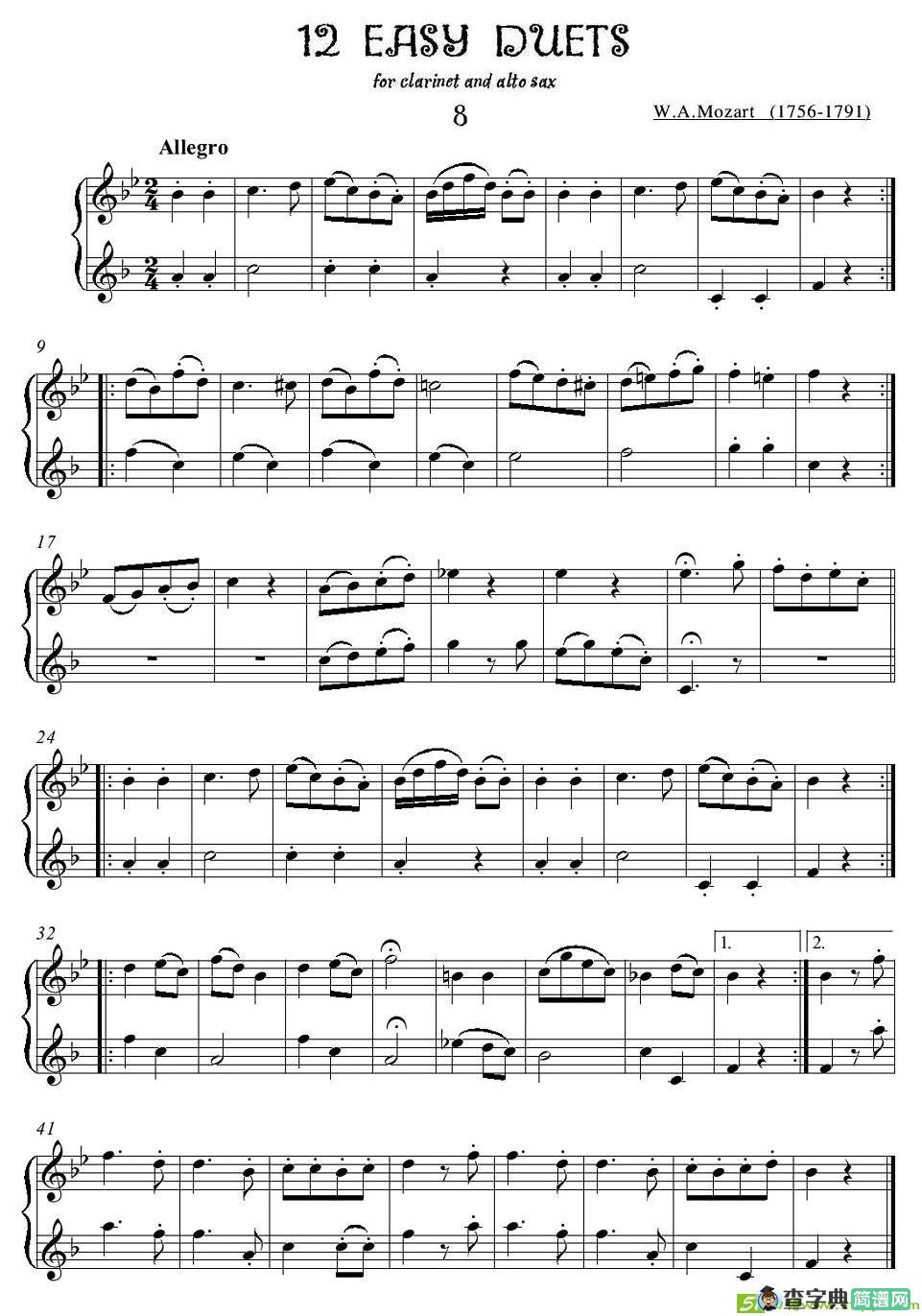 12首单簧管萨克斯重奏之八萨克斯谱(莫扎特作曲)