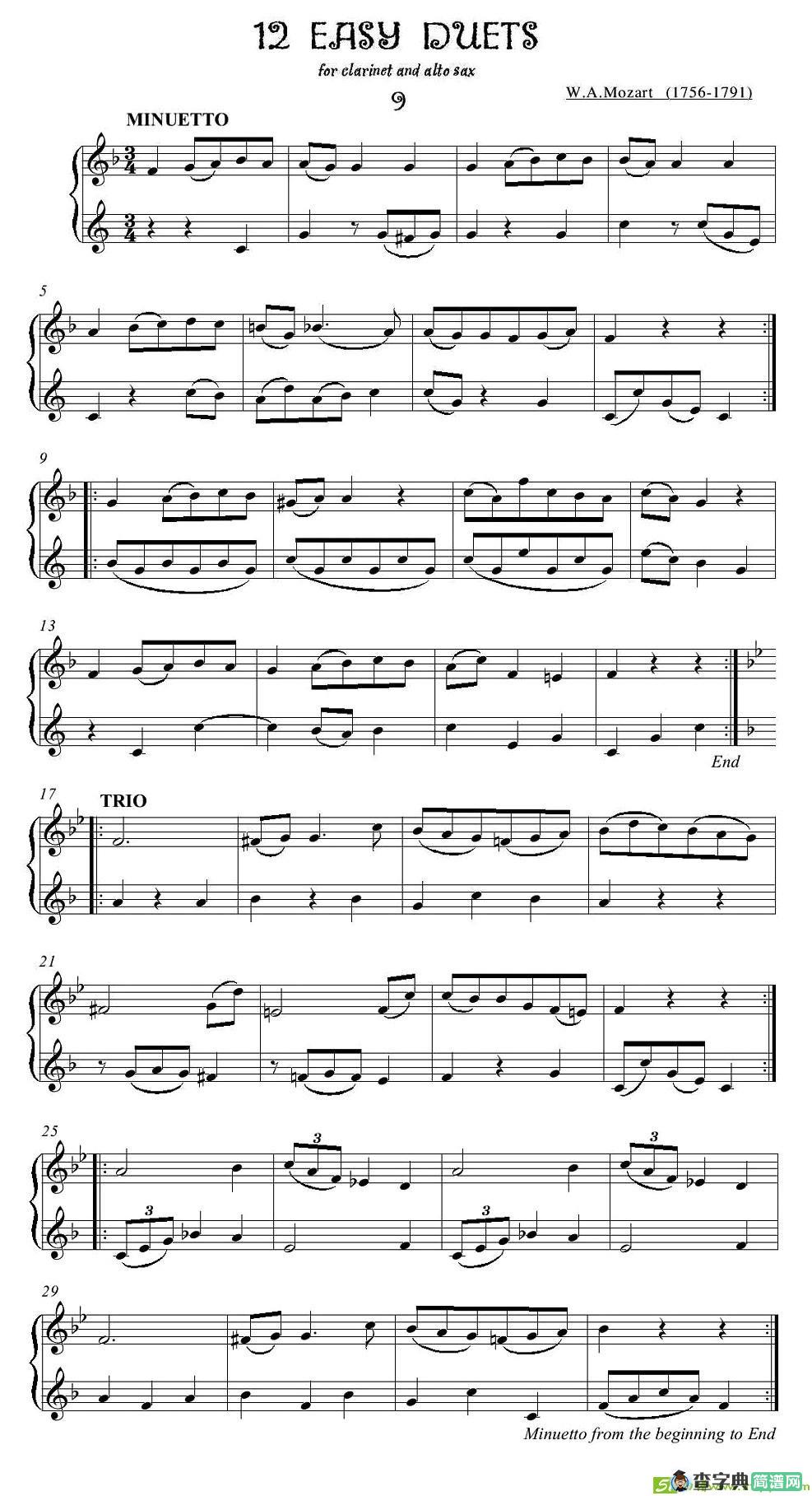 12首单簧管萨克斯重奏之九萨克斯谱(莫扎特作曲)