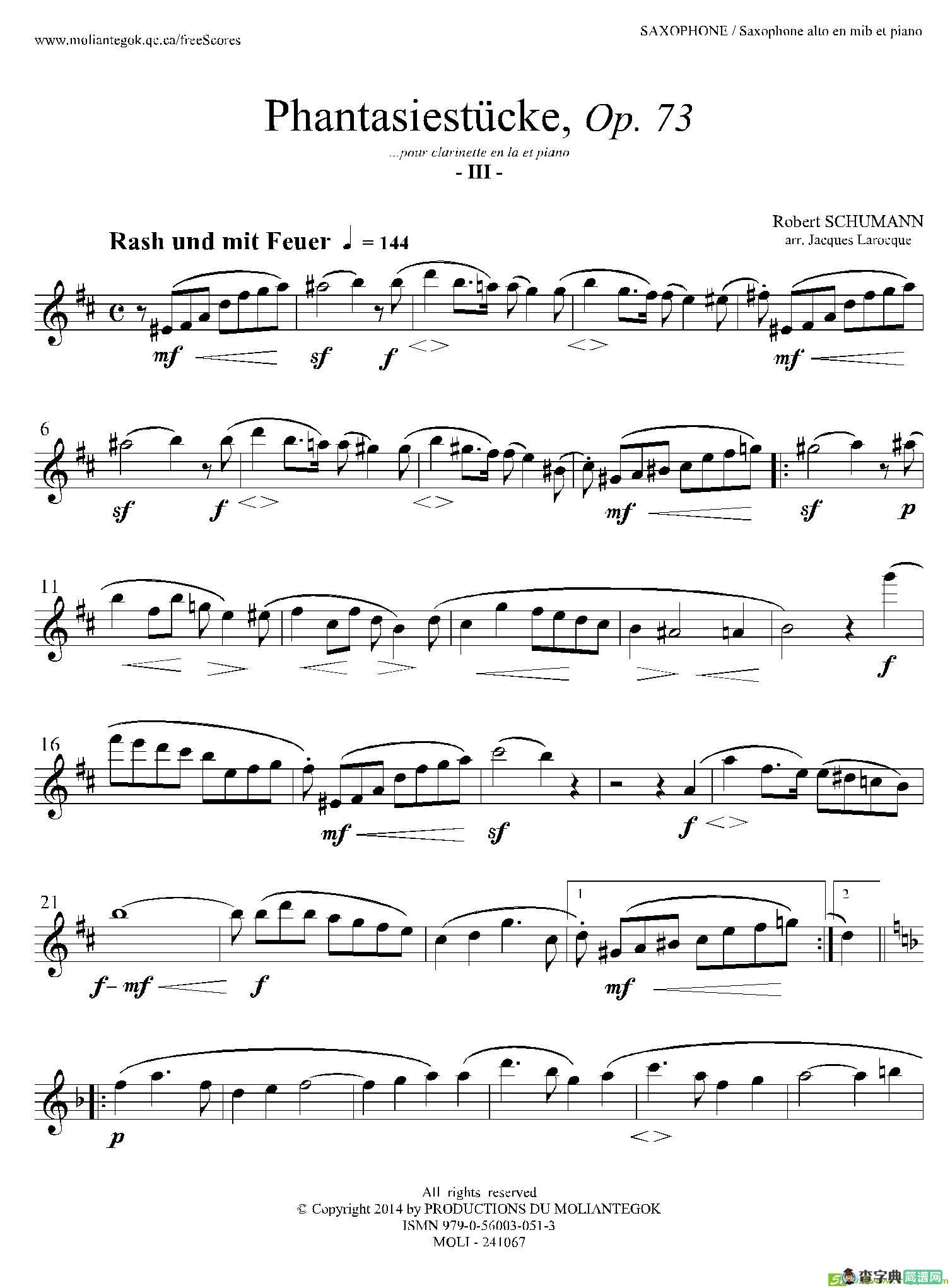 舒曼幻想曲三首Op73（Ⅲ）萨克斯谱