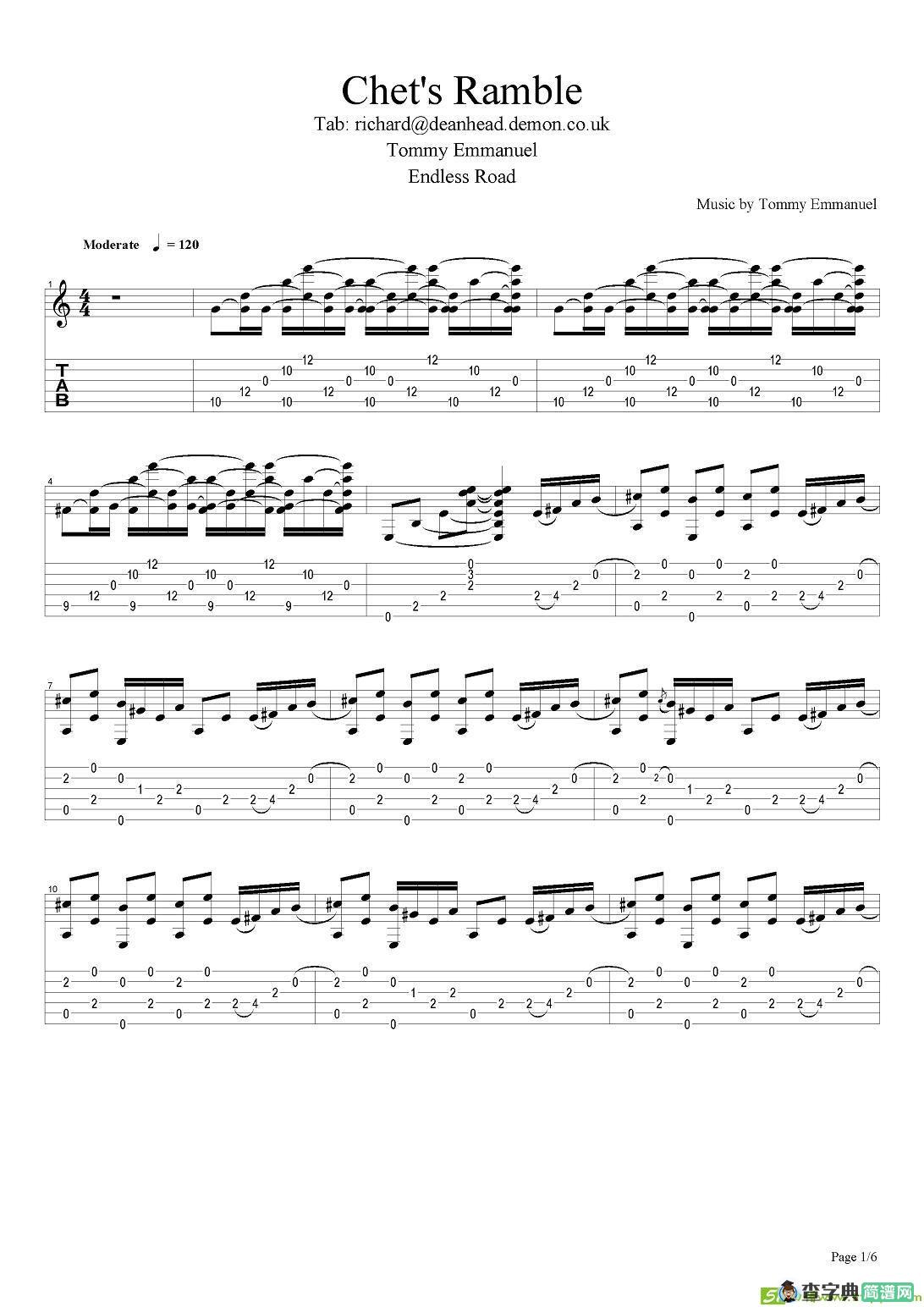 tommy emmanuel：chets ramble吉他谱(tommy作曲)