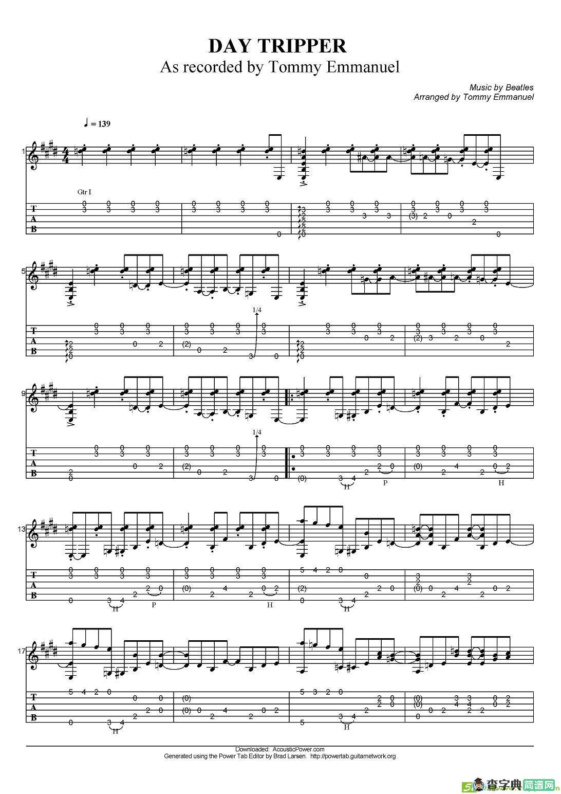 tommy emmanuel：day tripper吉他谱(tommy作曲)