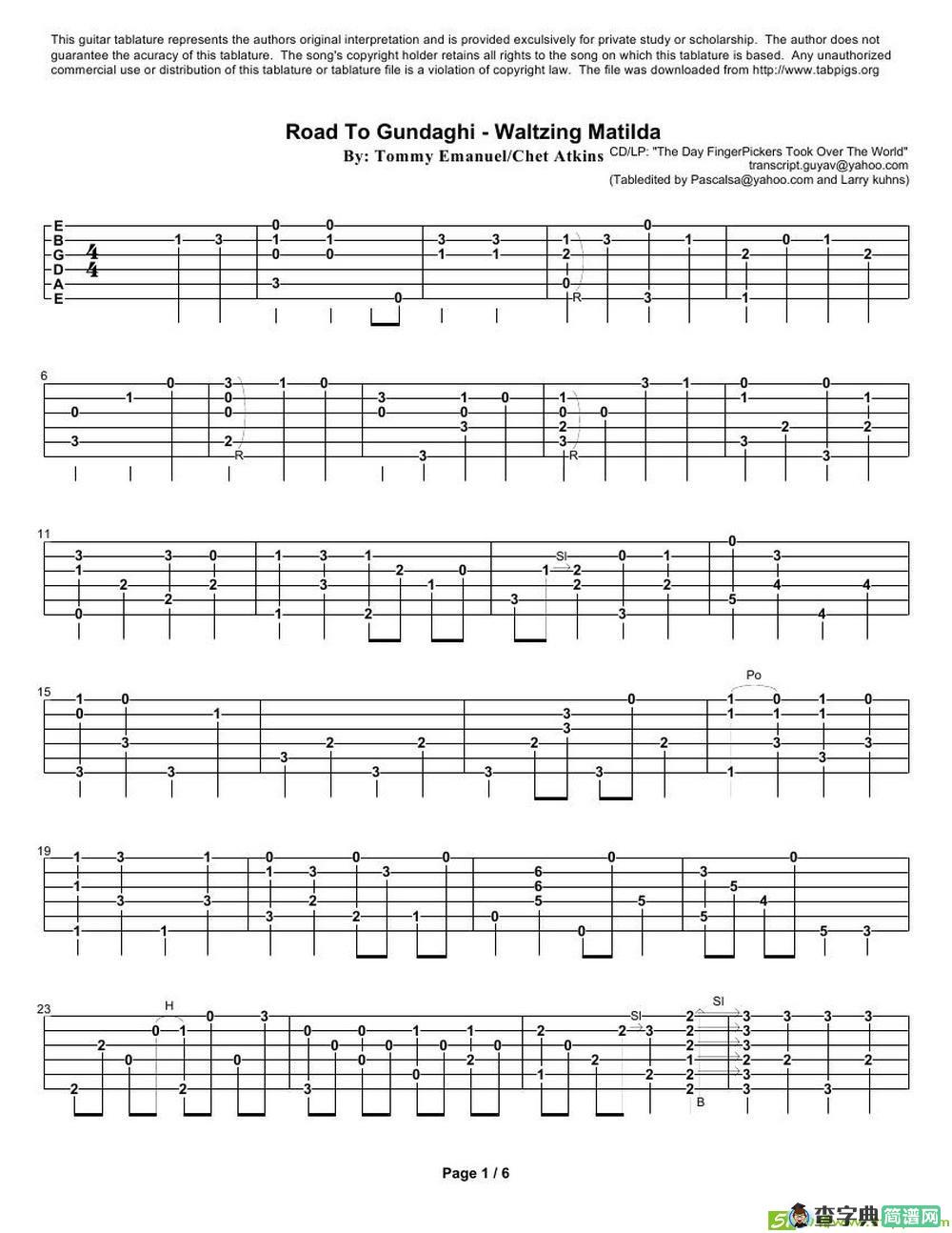 tommy emmanuel： road to gundaghi waltzing matilda吉他谱
