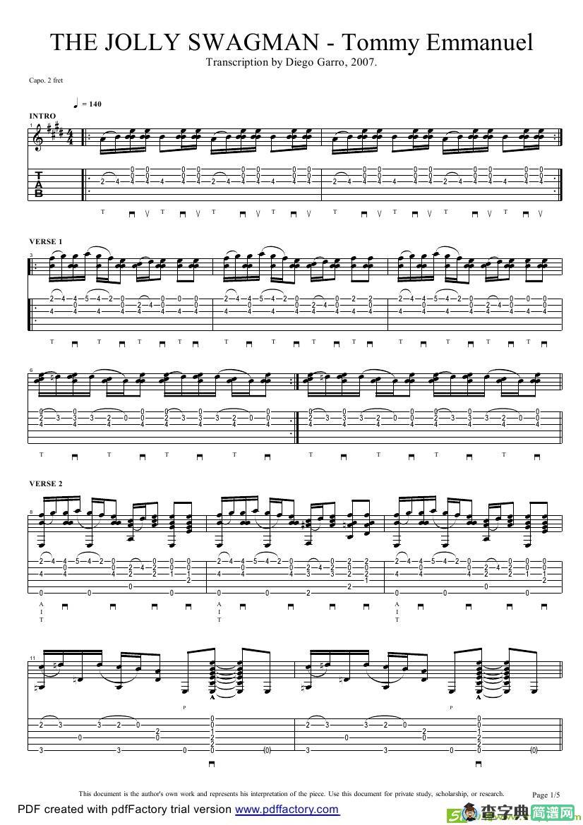 tommy emmanuel：the jolly swagman吉他谱