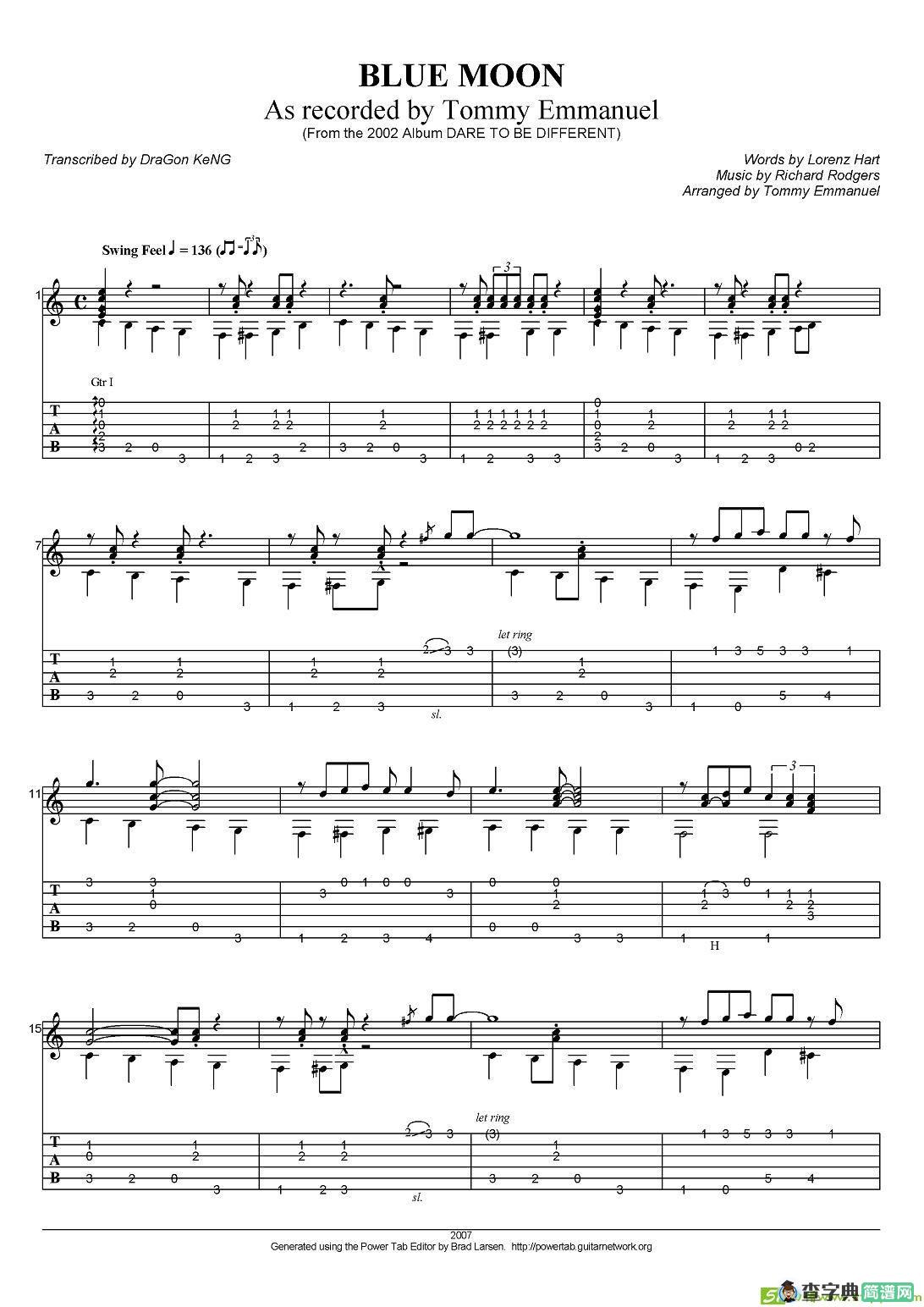 tommy emmanuel：blue moon吉他谱(tommy作曲)