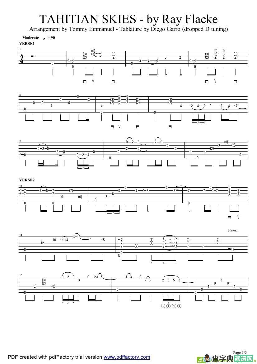 tommy emmanuel：tahitian skies吉他谱