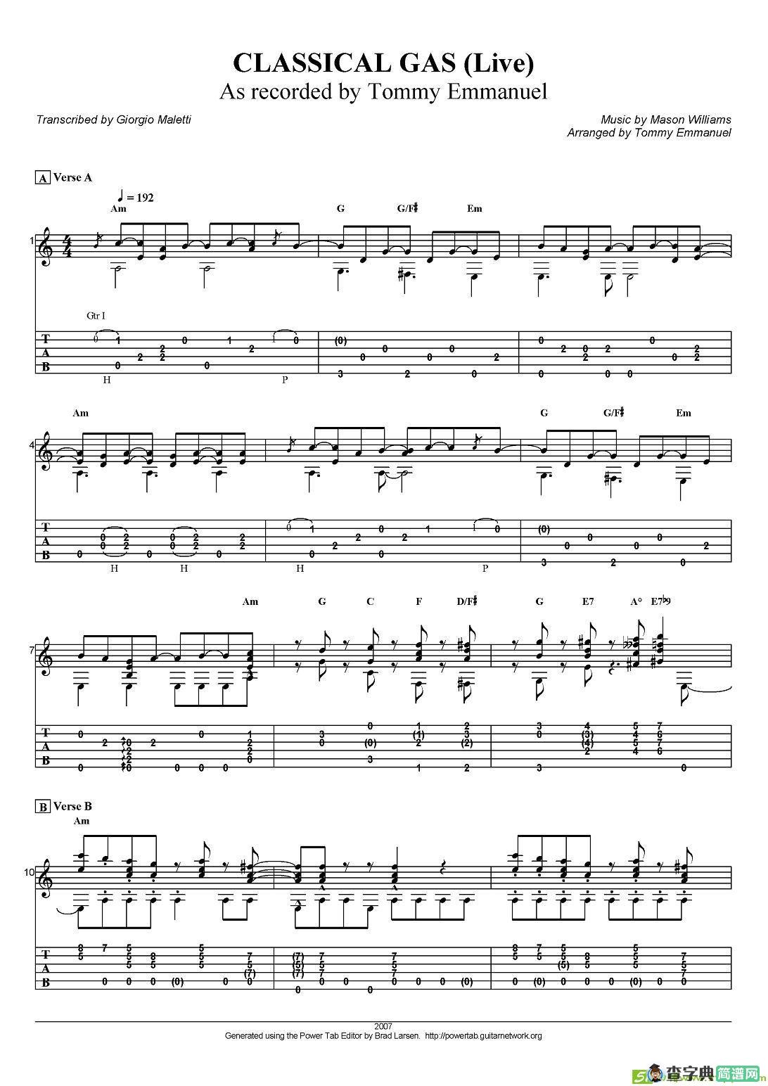 tommy emmanuel：classical gas吉他谱(tommy作曲)