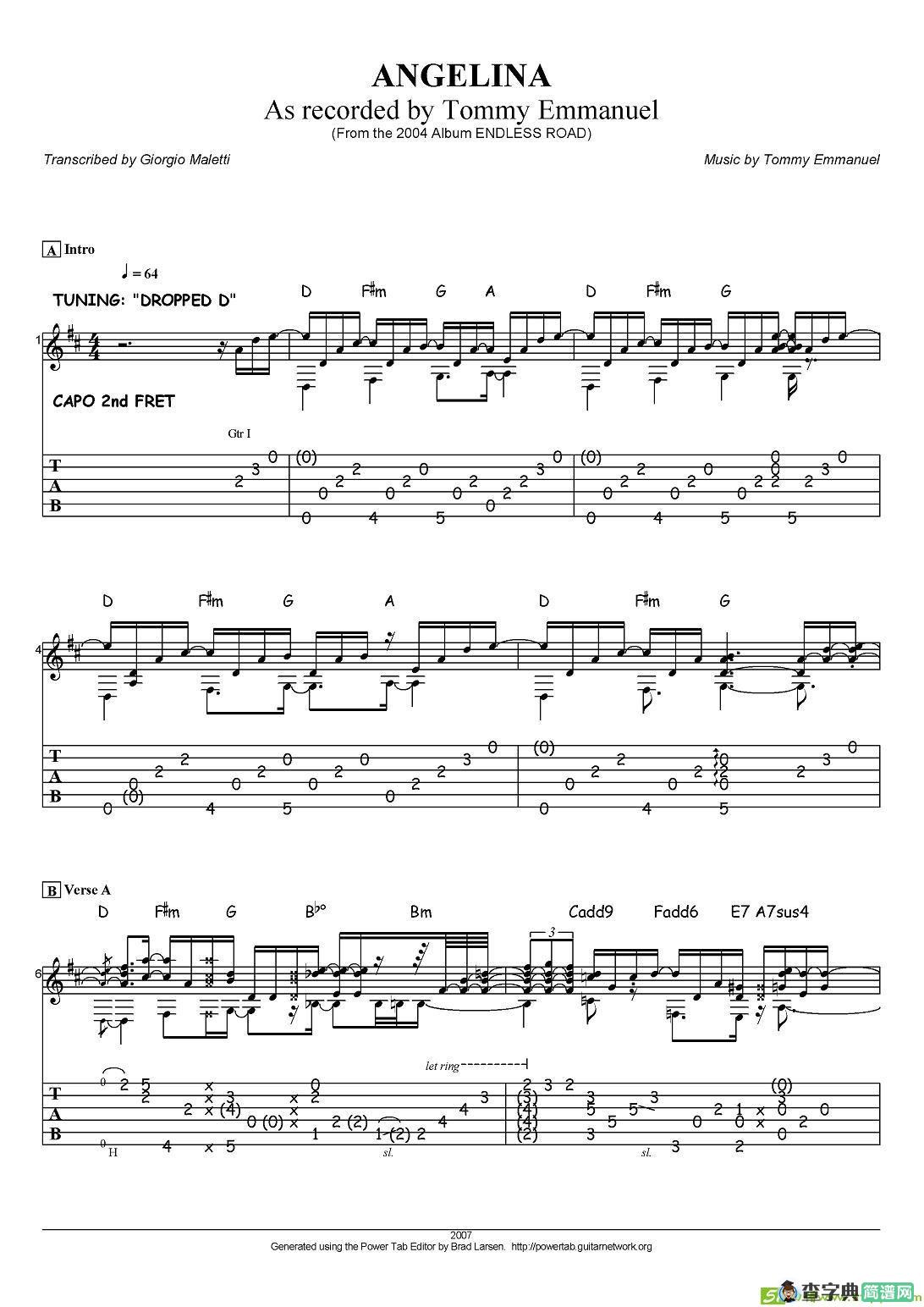 tommy emmanuel：angelina吉他谱(tommy作曲)