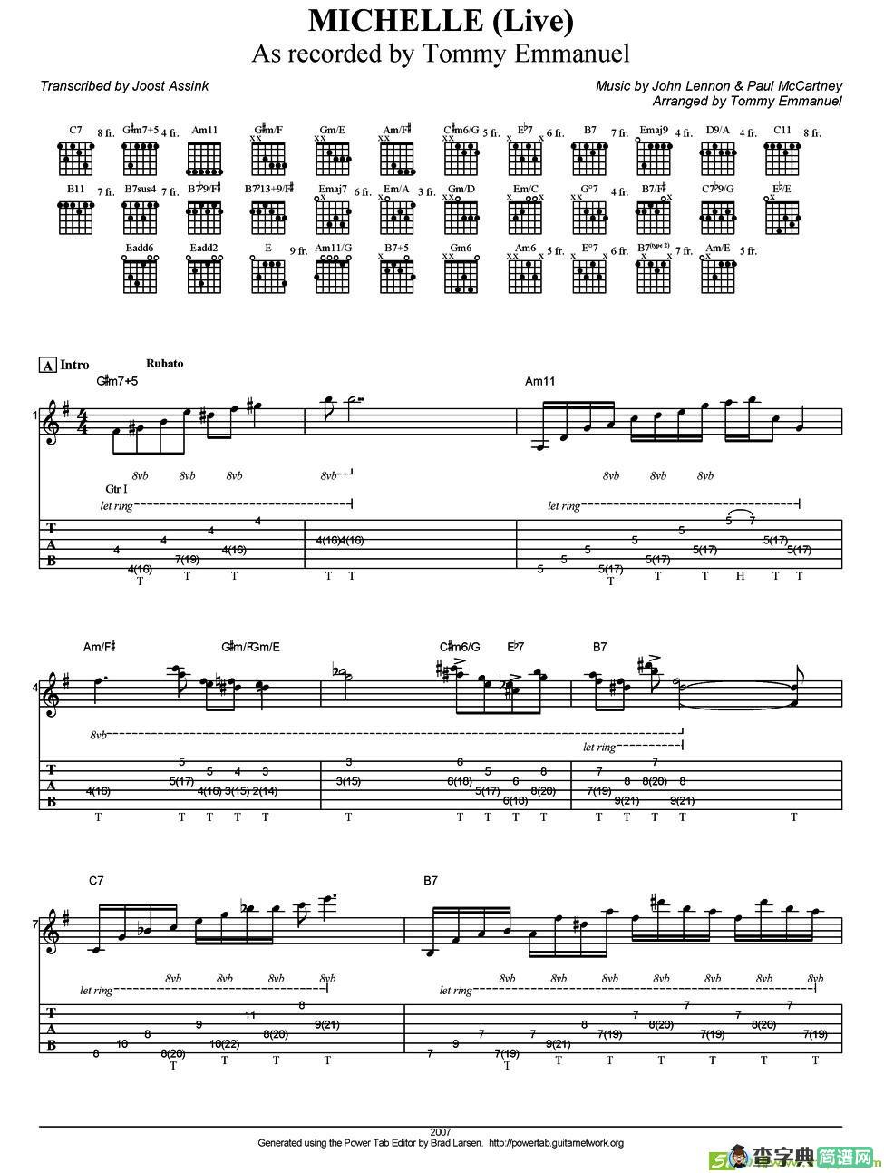 tommy emmanuel：michelle 吉他谱