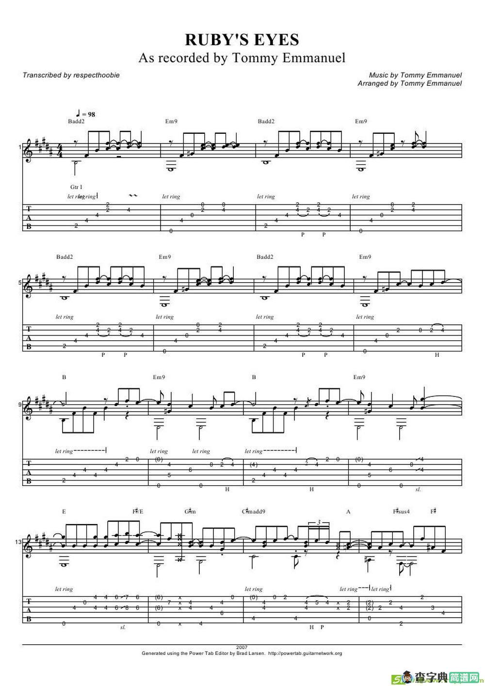tommy emmanuel： rubys eyes吉他谱