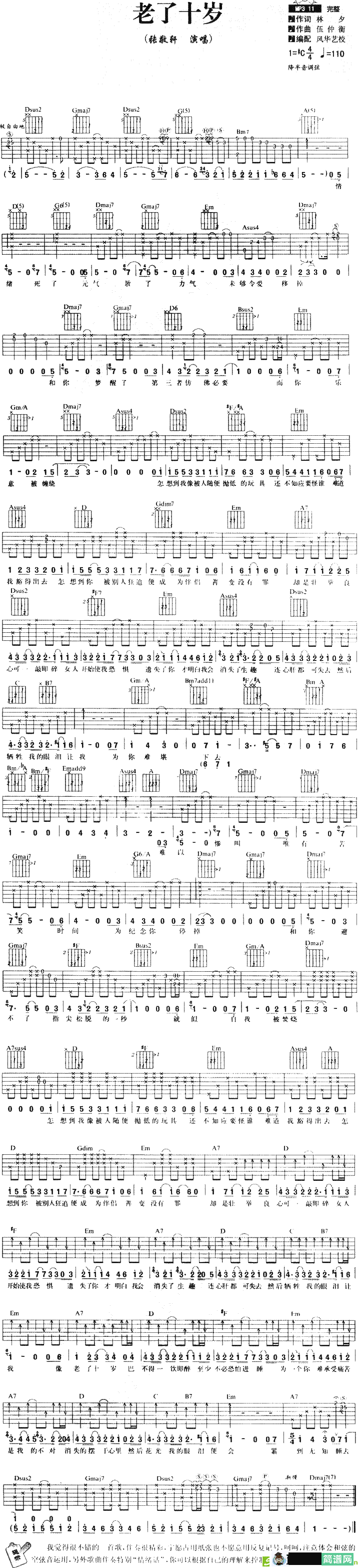 老了十岁吉他谱(伍仲衡作曲,张敬轩演唱)
