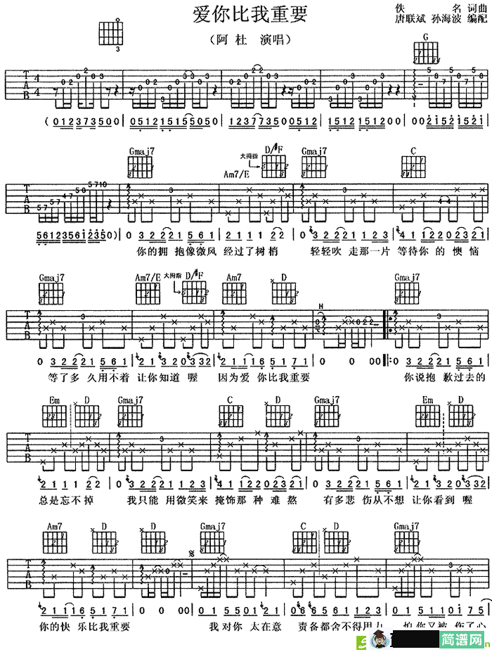 爱你比我重要吉他谱(唐联斌作曲,阿杜演唱)