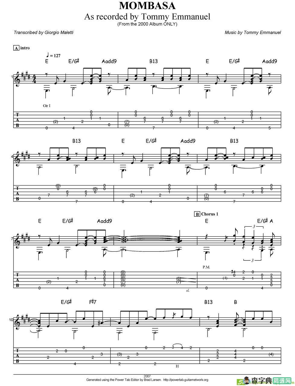 tommy emmanuel：mombasa吉他谱