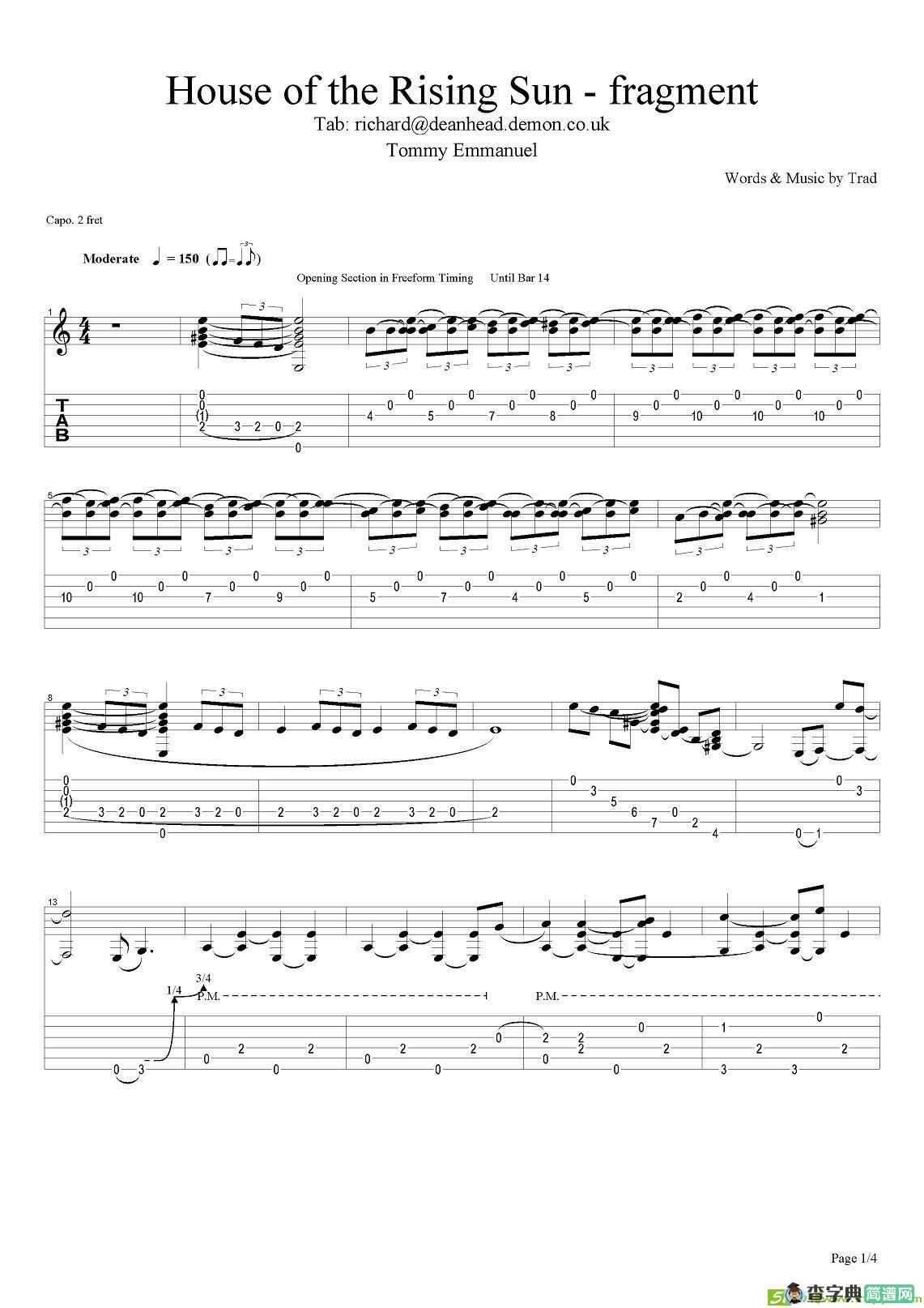 tommy emmanuel：house of the rising sun fragment吉他谱
