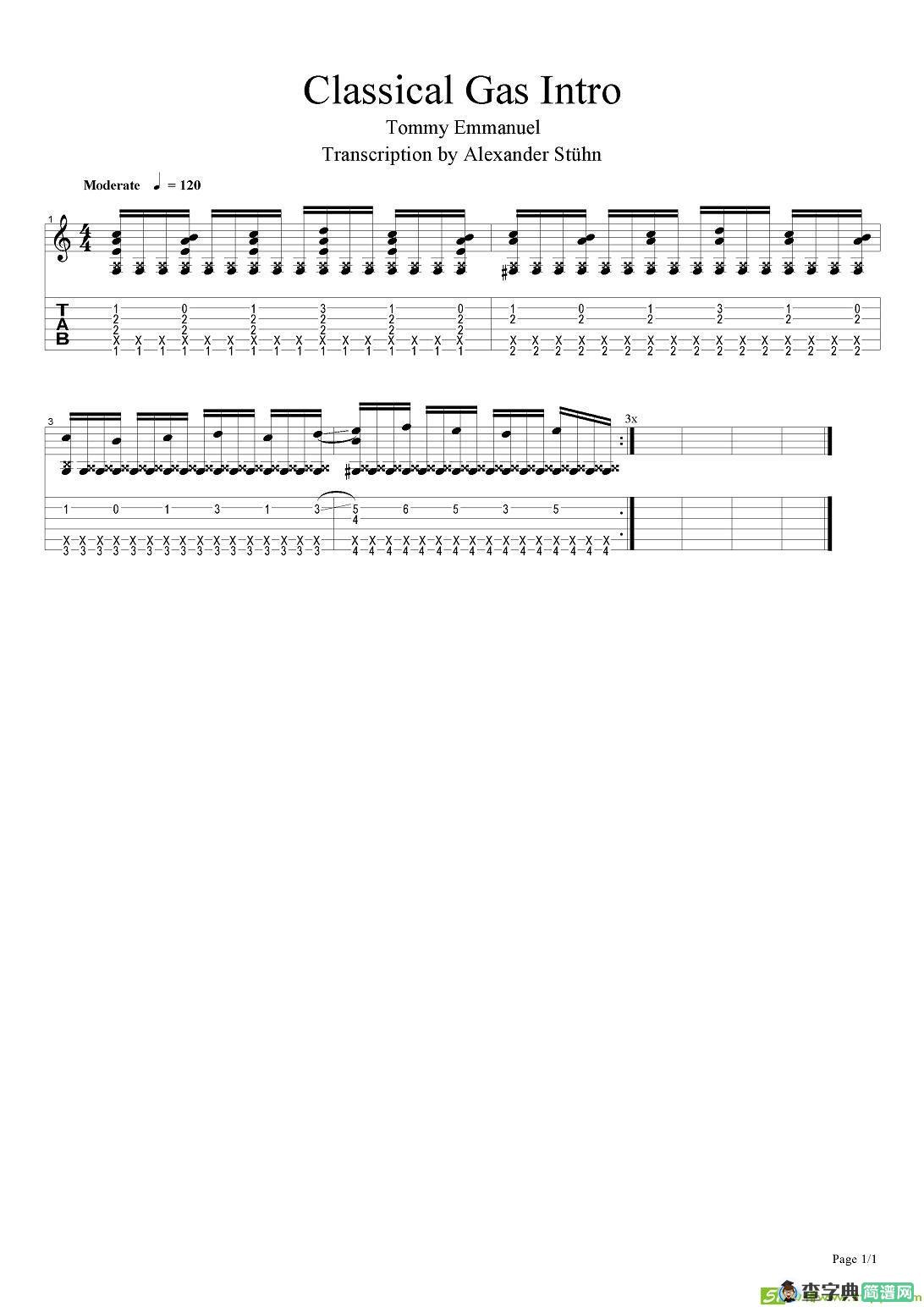 tommy emmanuel：classical gas intro吉他谱(tommy作曲)