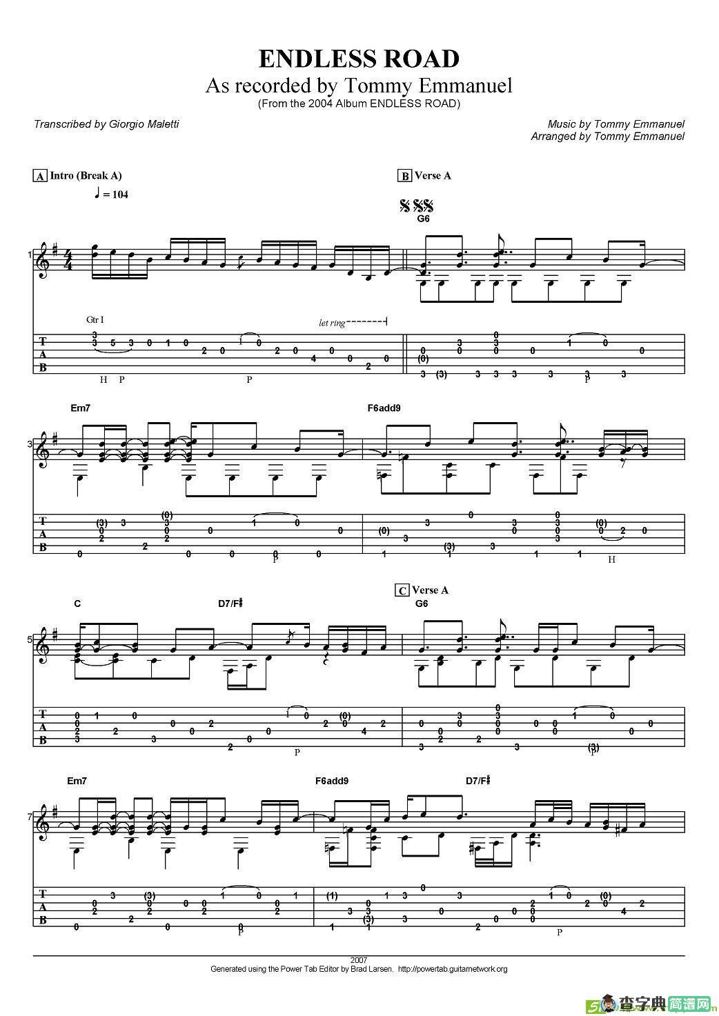 tommy emmanuel：endless road吉他谱(tommy作曲)