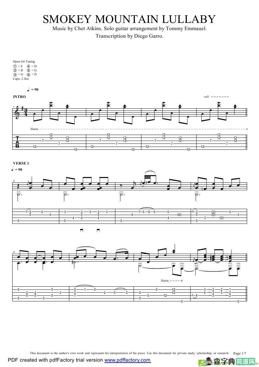 tommy emmanuel：smokey mountain lullaby吉他谱