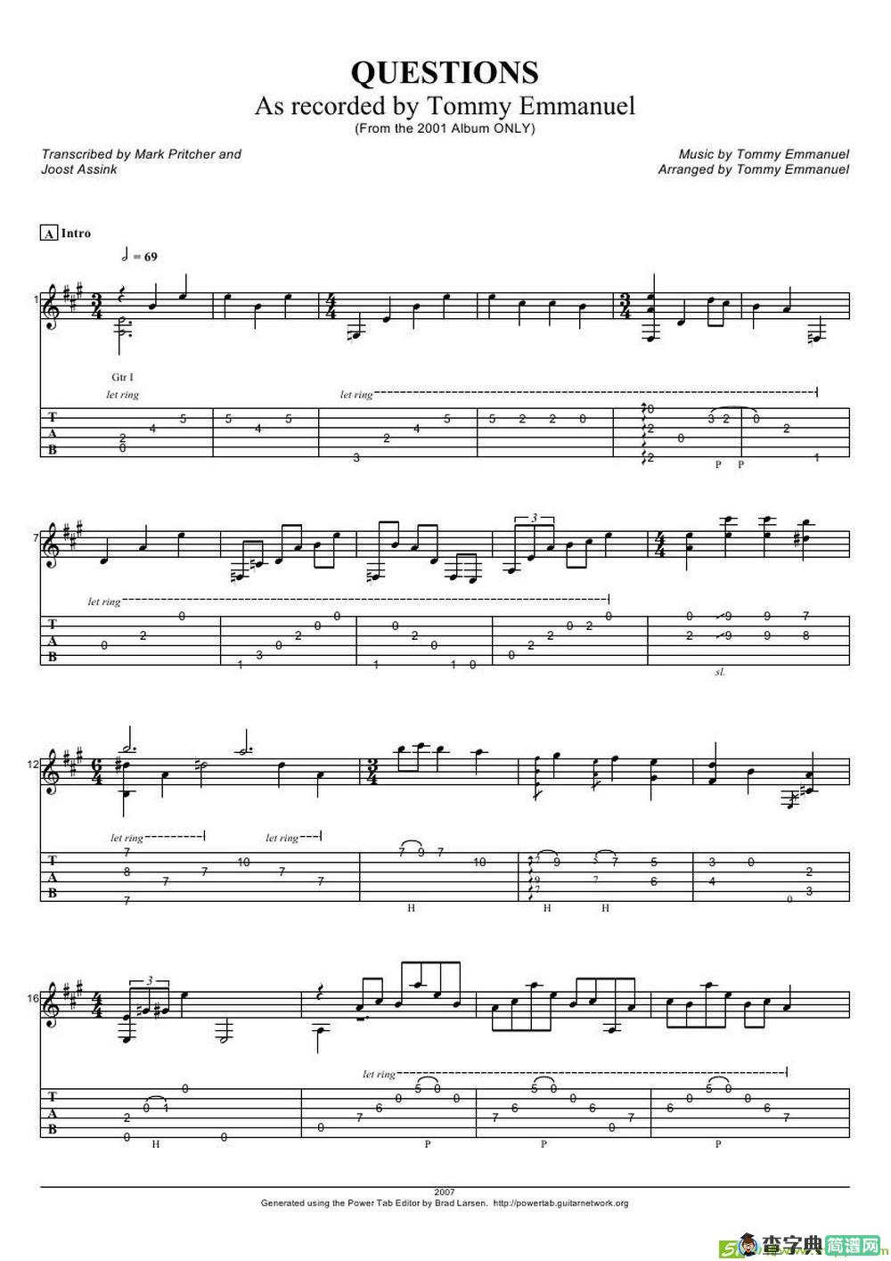tommy emmanuel： questions吉他谱