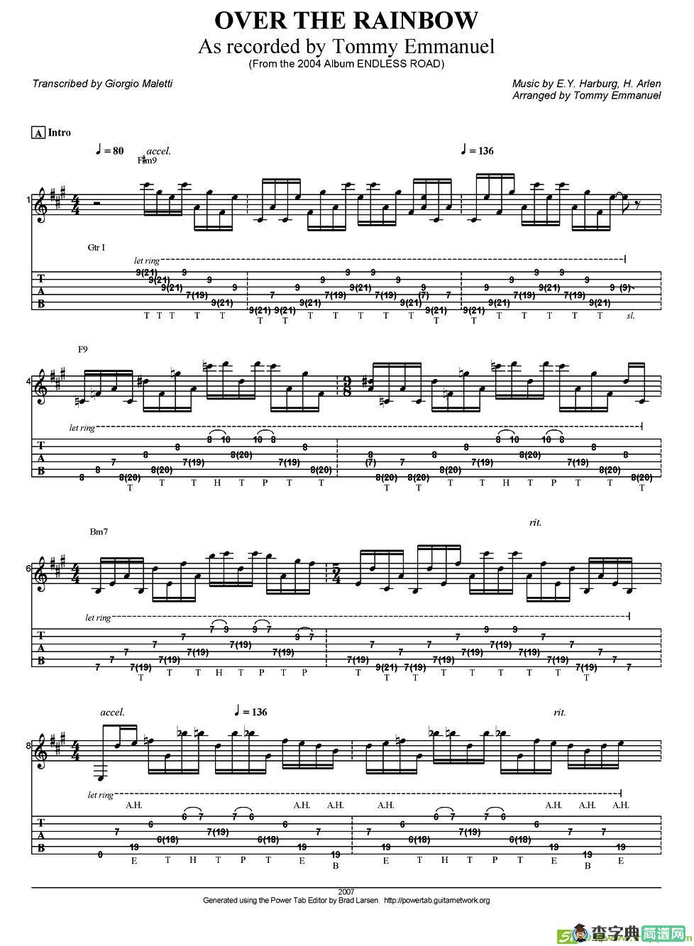 tommy emmanuel：over the rainbow吉他谱