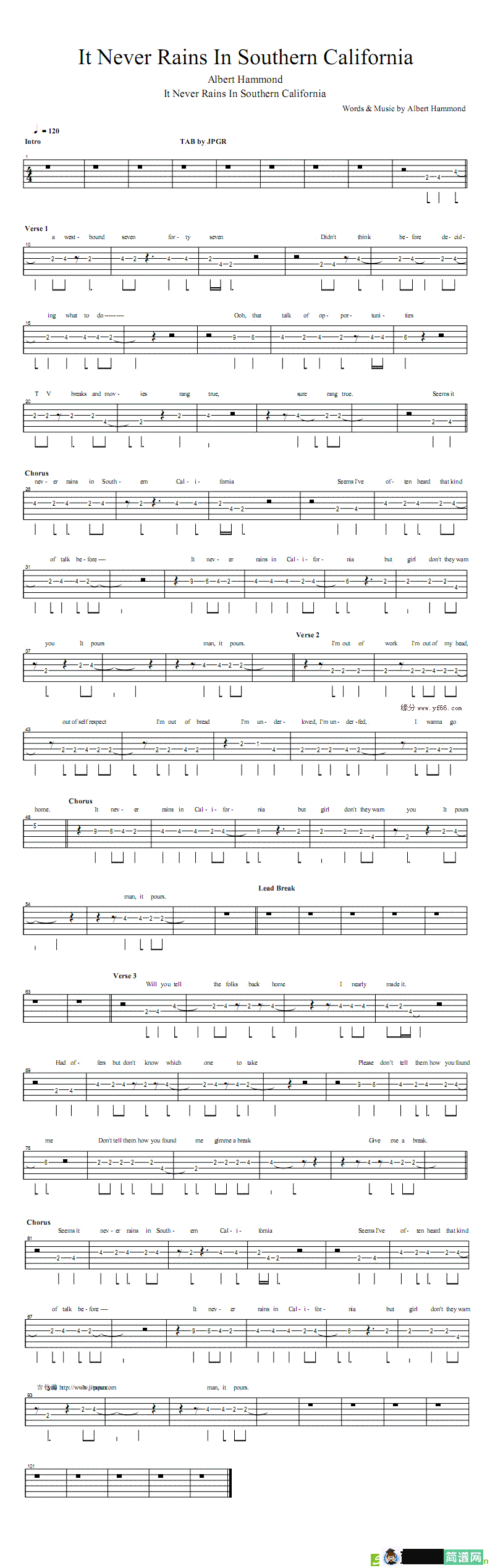 it never rains in southern california吉他谱(Albert演唱)