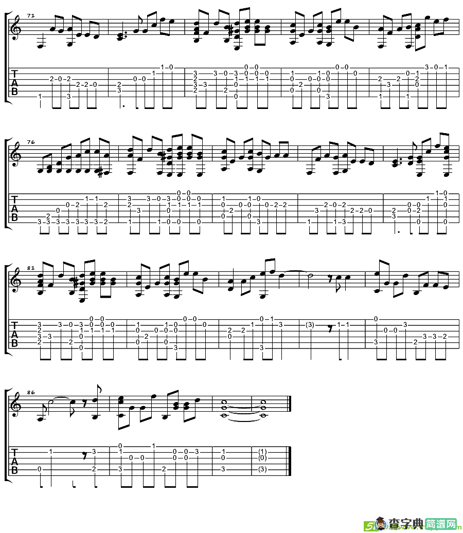 那女孩对我说吉他曲谱(指弹谱,黄义达作曲,黄义达演唱)