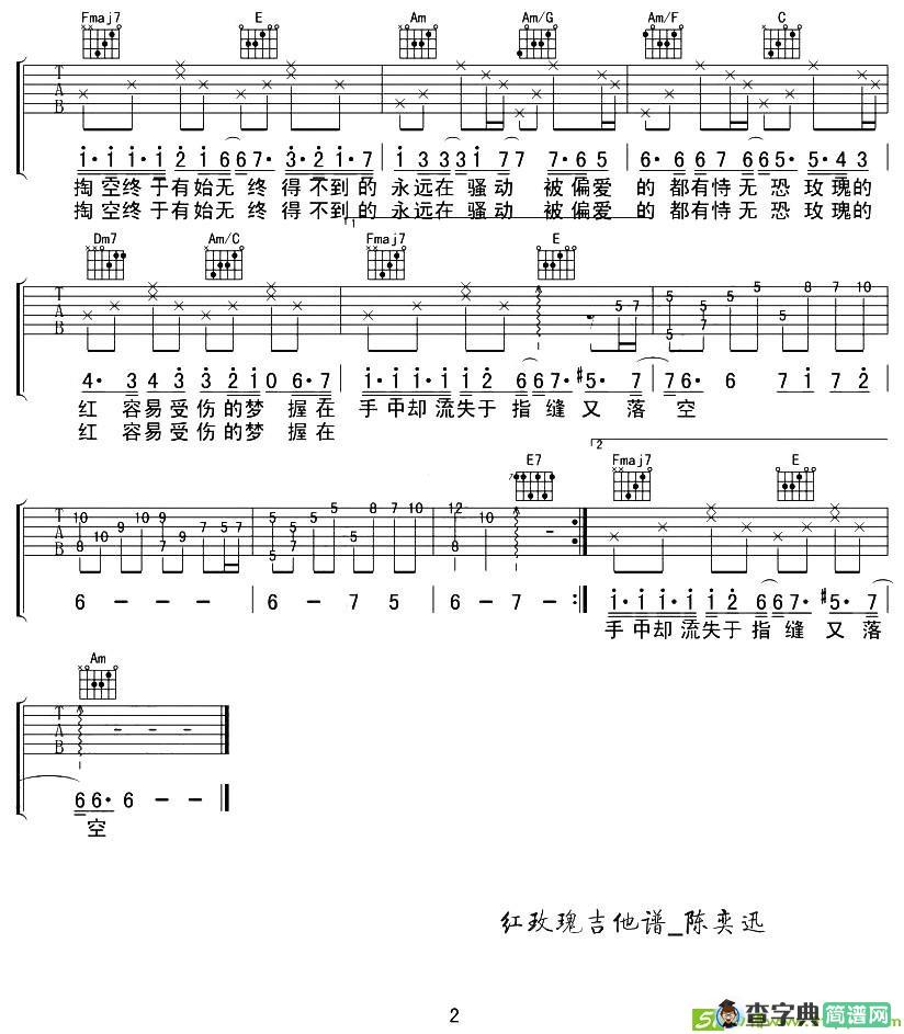 红玫瑰吉他曲谱(甘文编配,陈奕迅演唱)