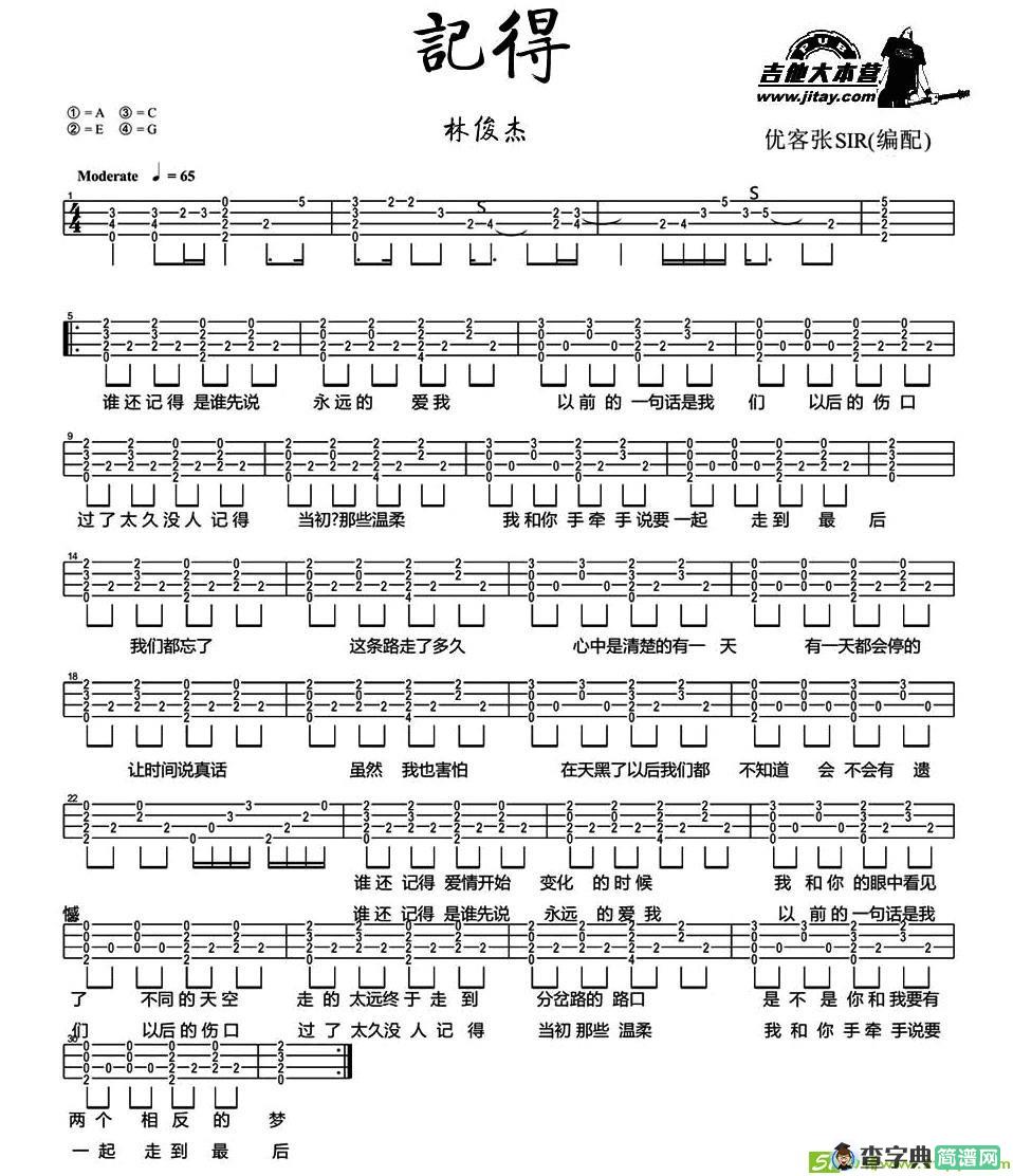 记得吉他曲谱(林俊杰演唱)