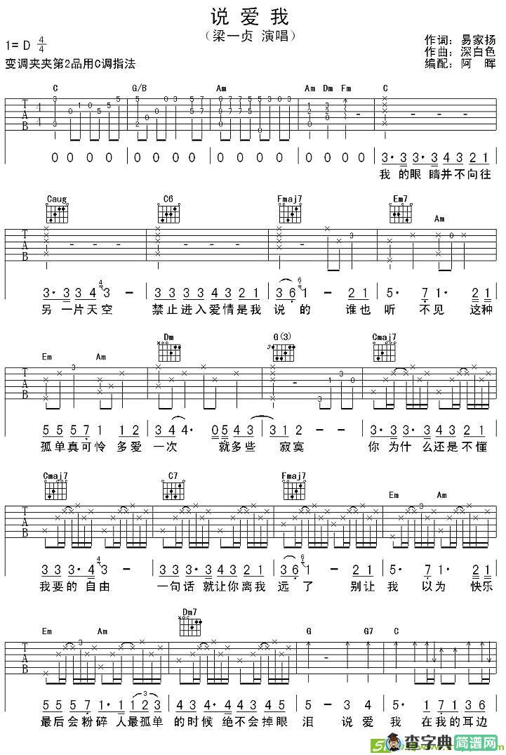 说爱我吉他谱(深白色作曲,梁一贞演唱)
