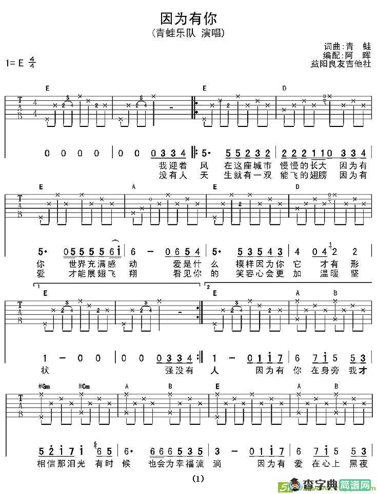 因为有你吉他谱(青蛙作曲,青蛙乐队演唱)