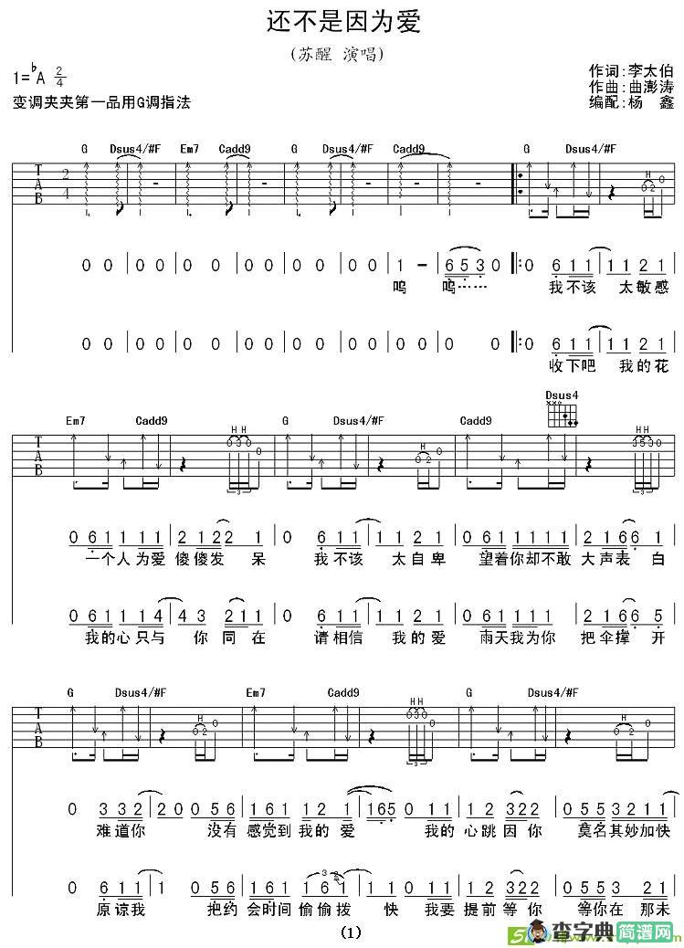 还不是因为爱吉他谱(曲澎涛作曲,苏醒演唱)