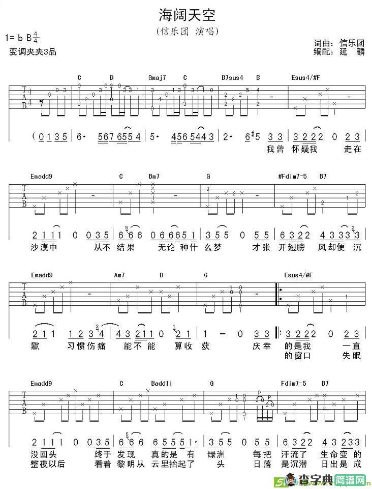 海阔天空吉他谱(信乐团作曲,信乐团演唱)