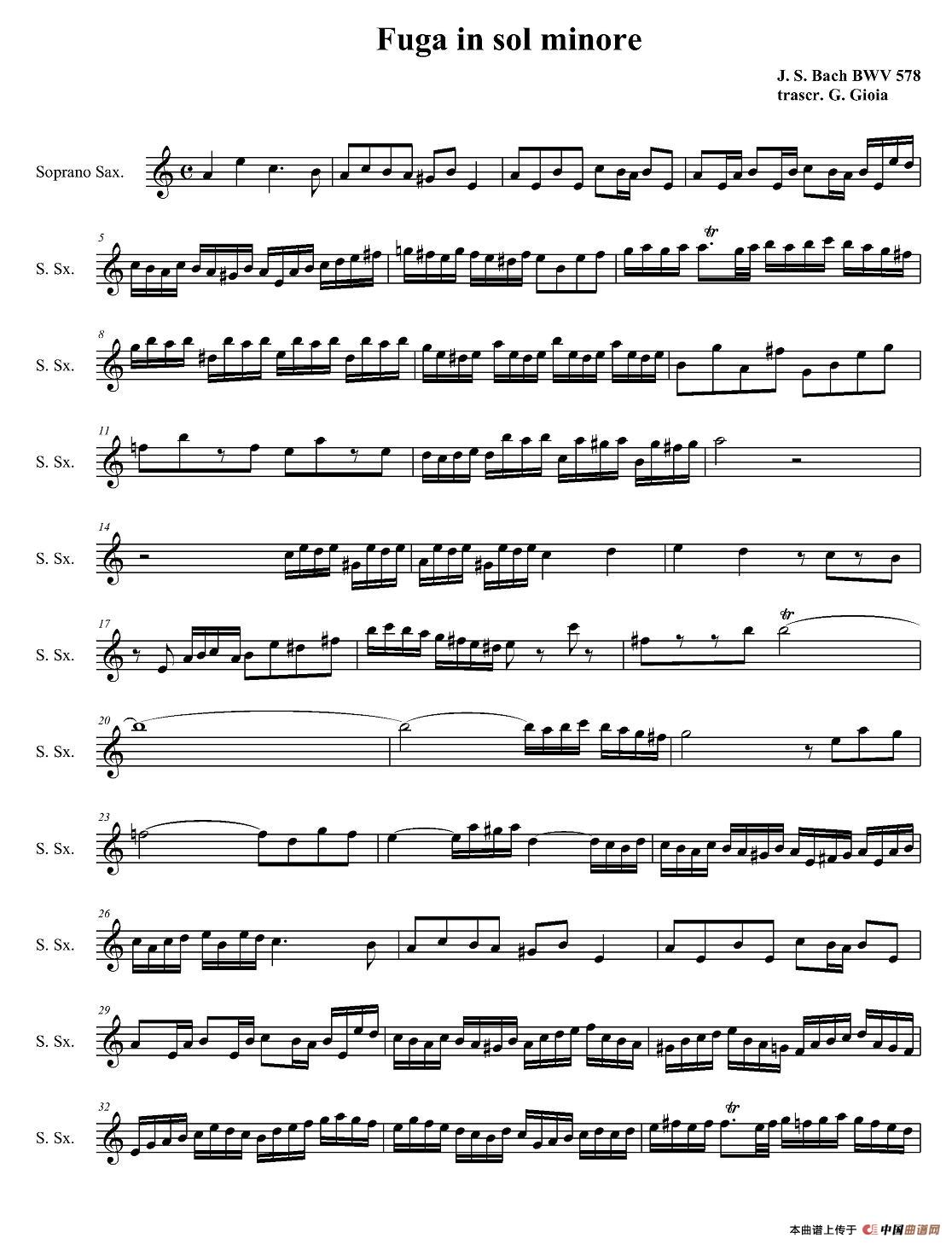 Fuga in sol minore （四重奏之高音萨克斯分谱）萨克斯谱