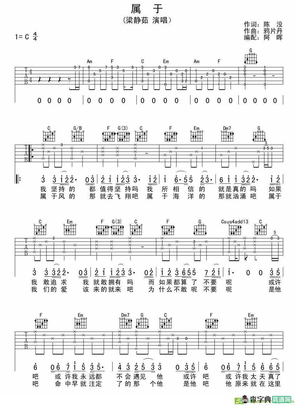 属于吉他谱(鸦片丹作曲,梁静茹演唱)