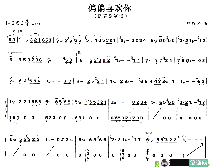 偏偏喜欢你古筝古琴谱(陈百强作曲)
