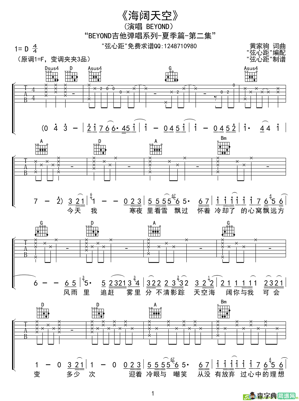 海阔天空吉他谱(黄家驹作曲,BEYOND演唱)