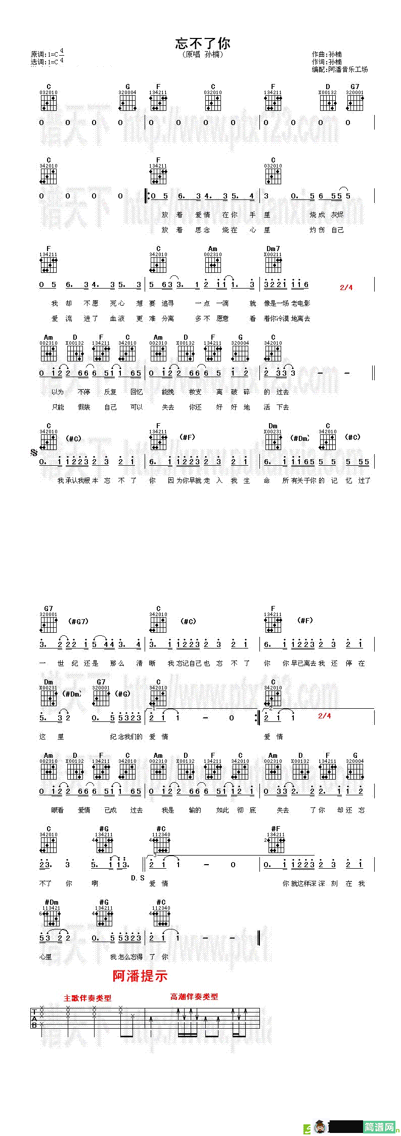 忘不了你吉他谱(孙楠作曲,孙楠演唱)