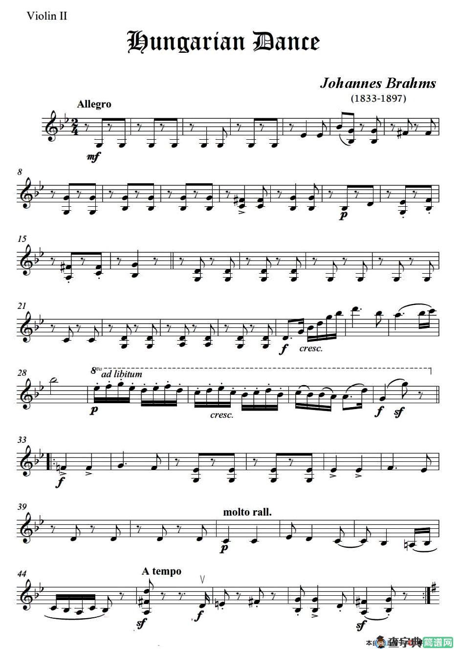 匈牙利舞曲（弦乐四重奏第二小提琴分谱）
