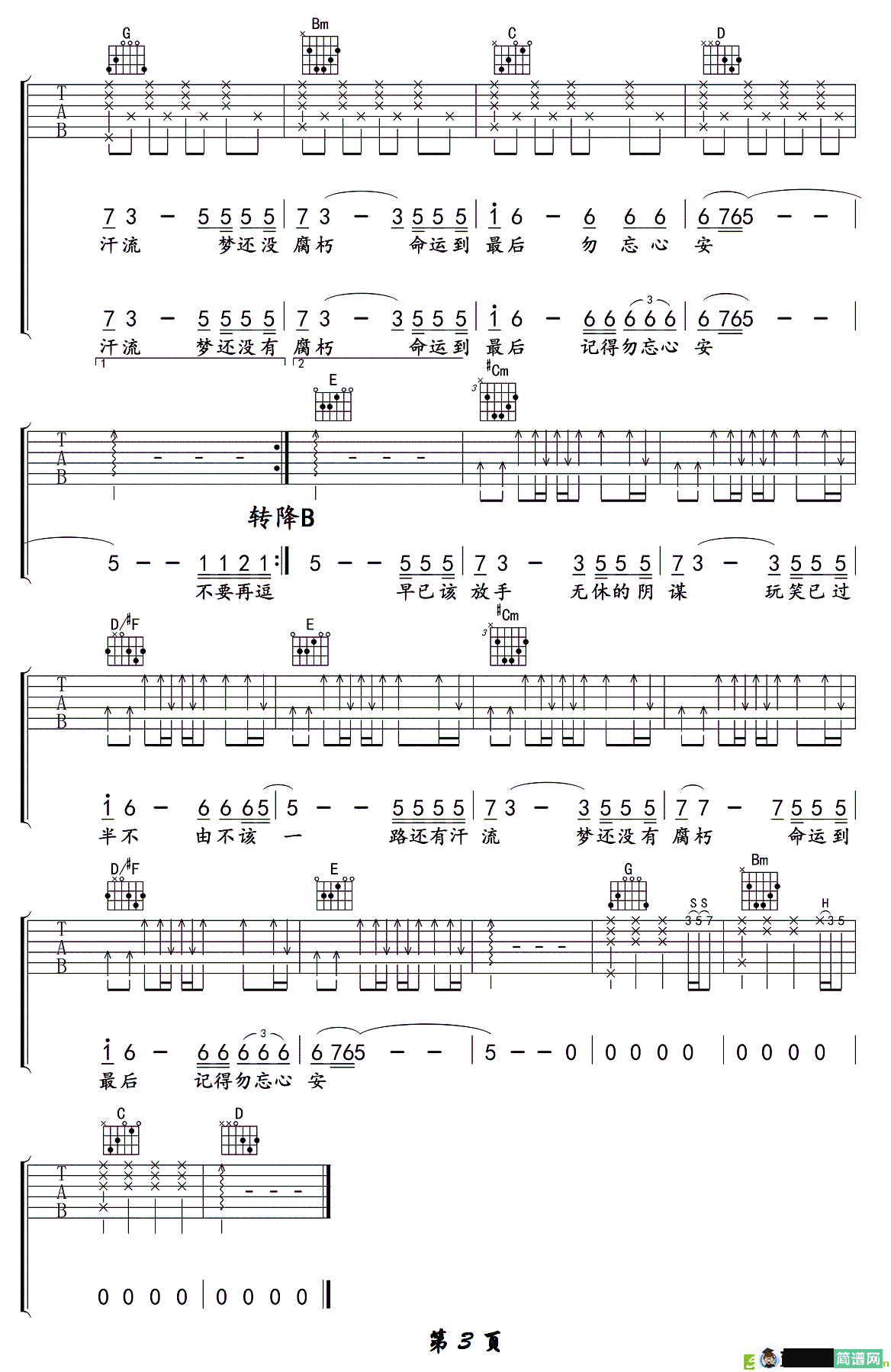 勿忘心安吉他谱(曲世聪作曲,张杰演唱)