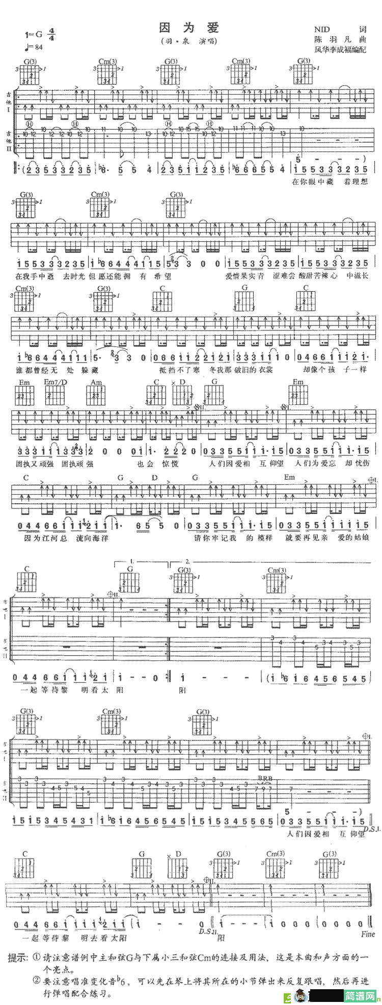 因为爱吉他谱(陈羽凡作曲,羽泉演唱)