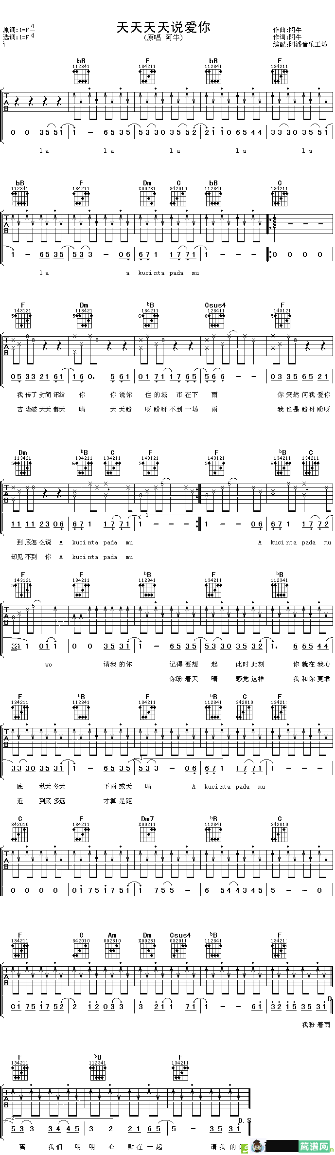 天天天天说爱你吉他谱(阿牛作曲,阿牛演唱)