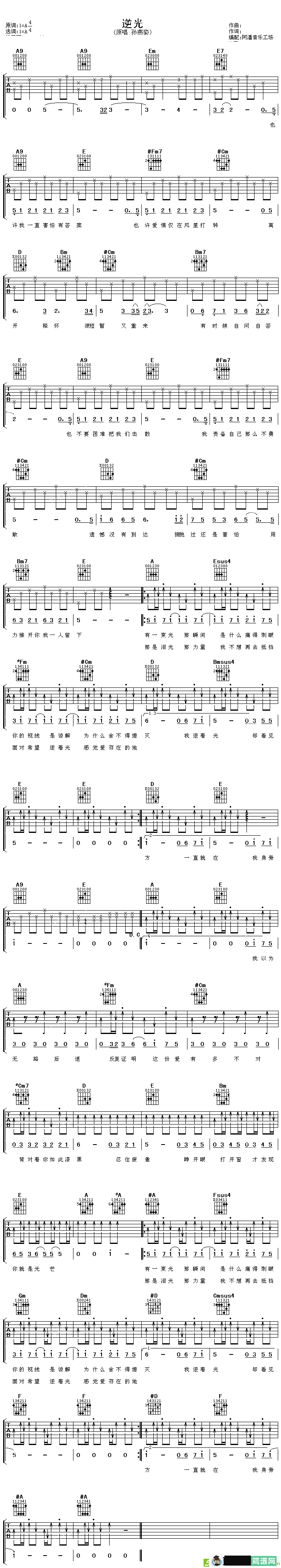 逆光吉他谱(李偲菘作曲,孙燕姿演唱)