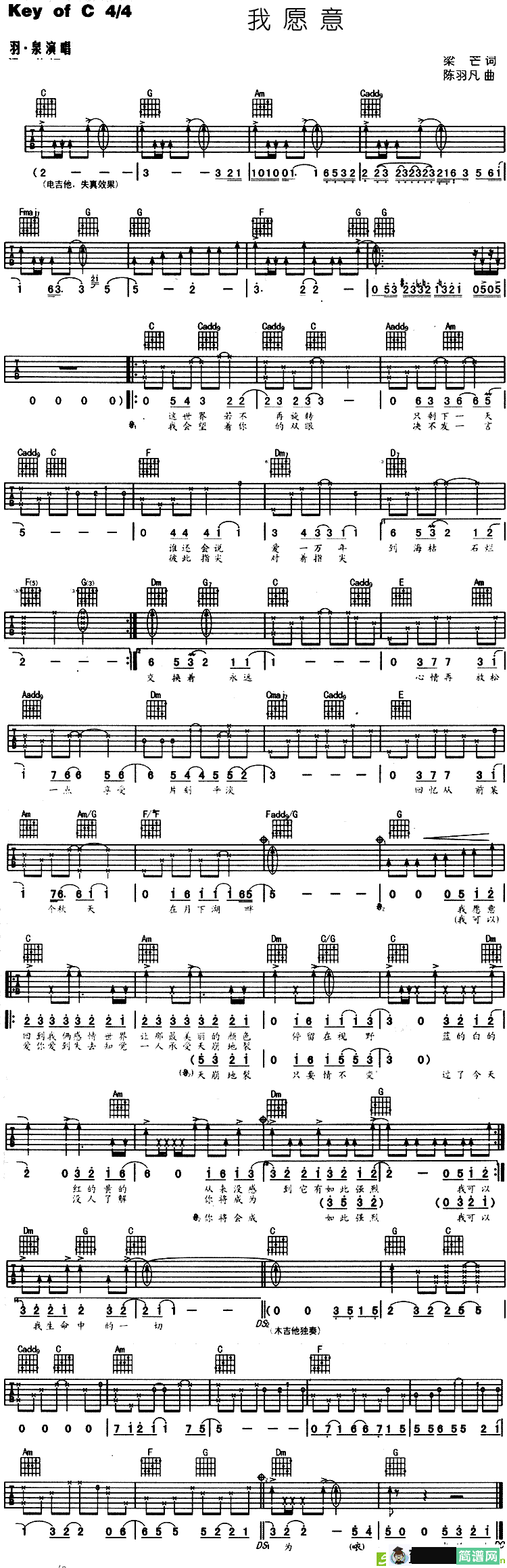 我愿意吉他谱(陈羽凡作曲,王菲演唱)