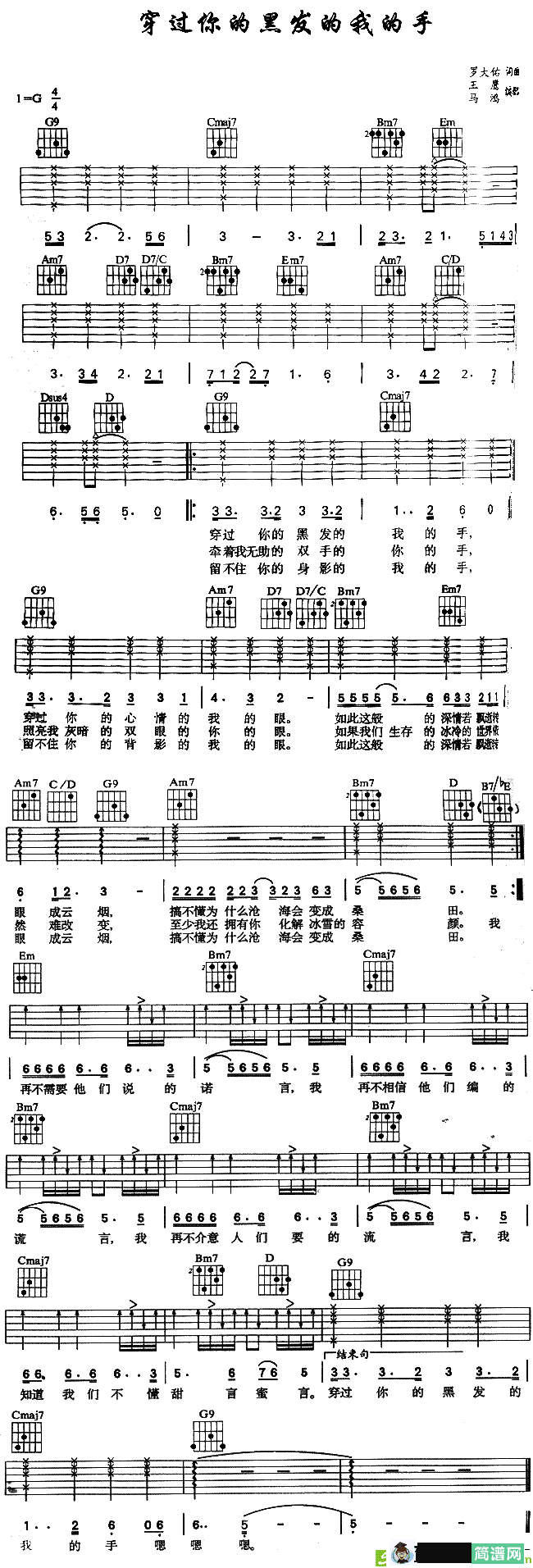 穿过你的黑发的我的手吉他谱(罗大佑作曲,罗大佑演唱)