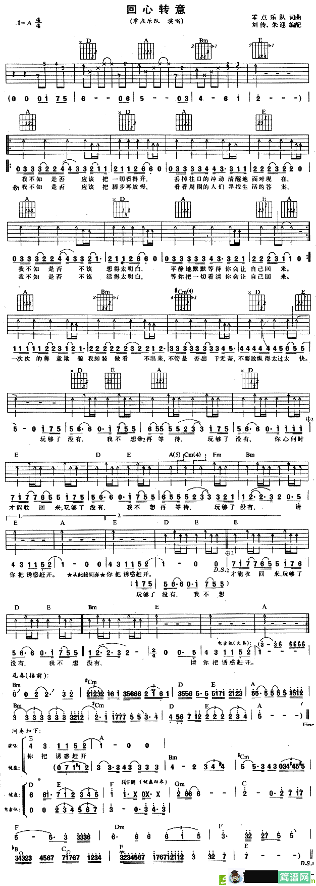 回心转意吉他谱(零点乐队作曲,零点乐队演唱)