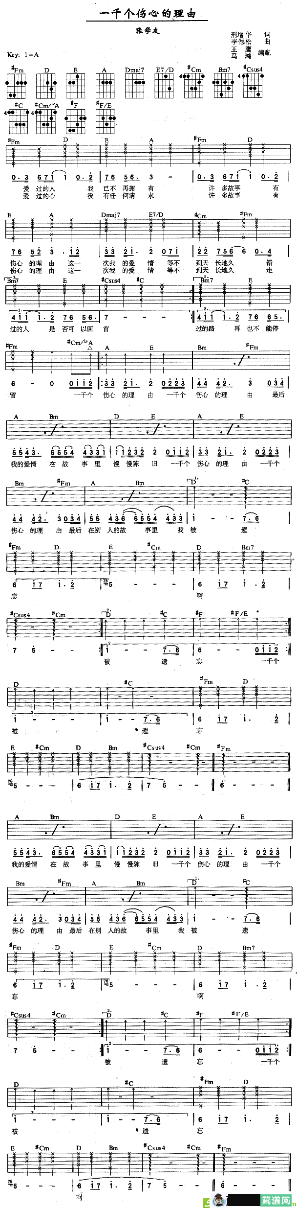 一千个伤心的理由吉他谱(李偲菘作曲,张学友演唱)