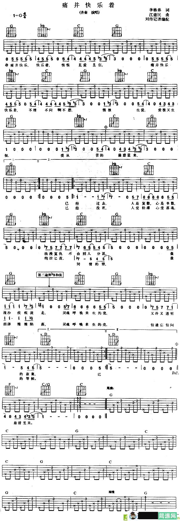 痛并快乐着吉他谱(江建民作曲,齐秦演唱)