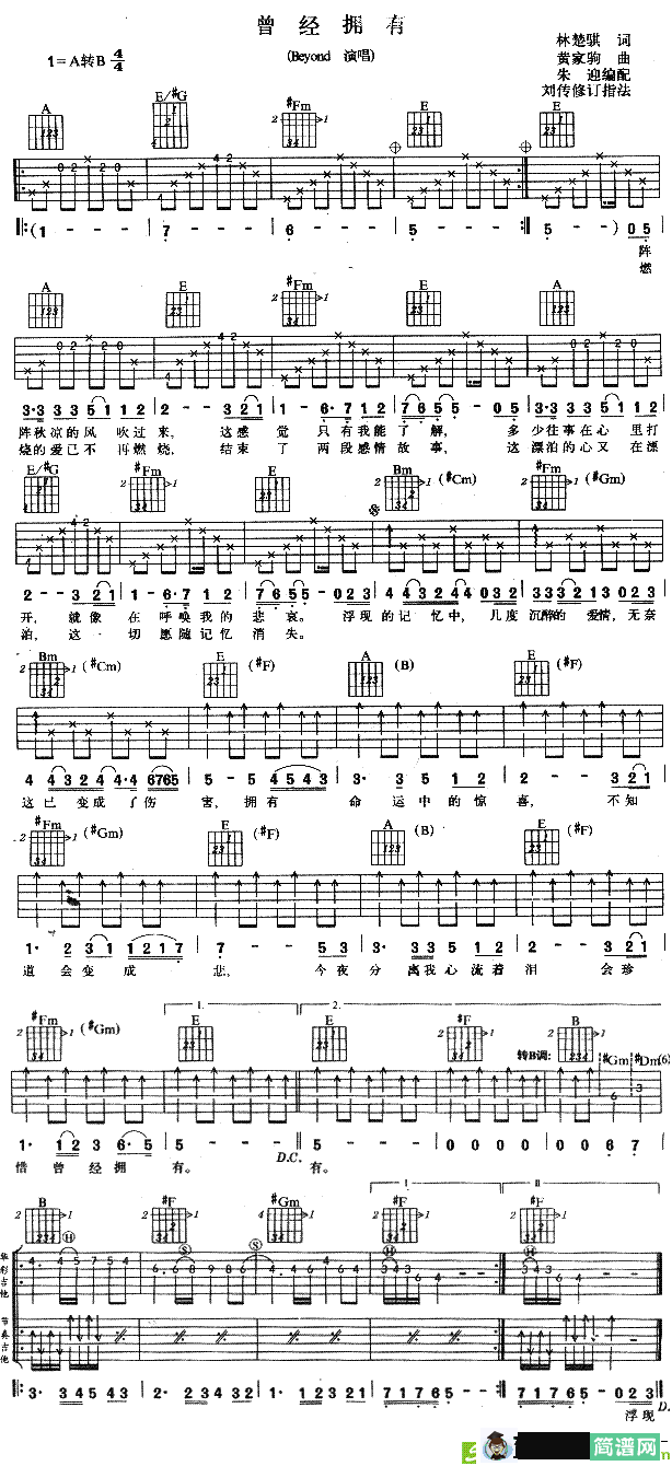 曾经拥有吉他谱(黄家驹作曲,Beyond演唱)