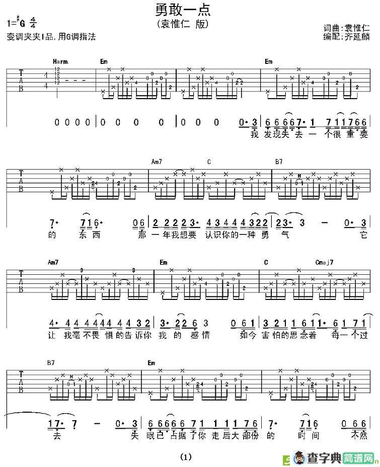 勇敢一点吉他谱(袁惟仁作曲,袁惟仁演唱)