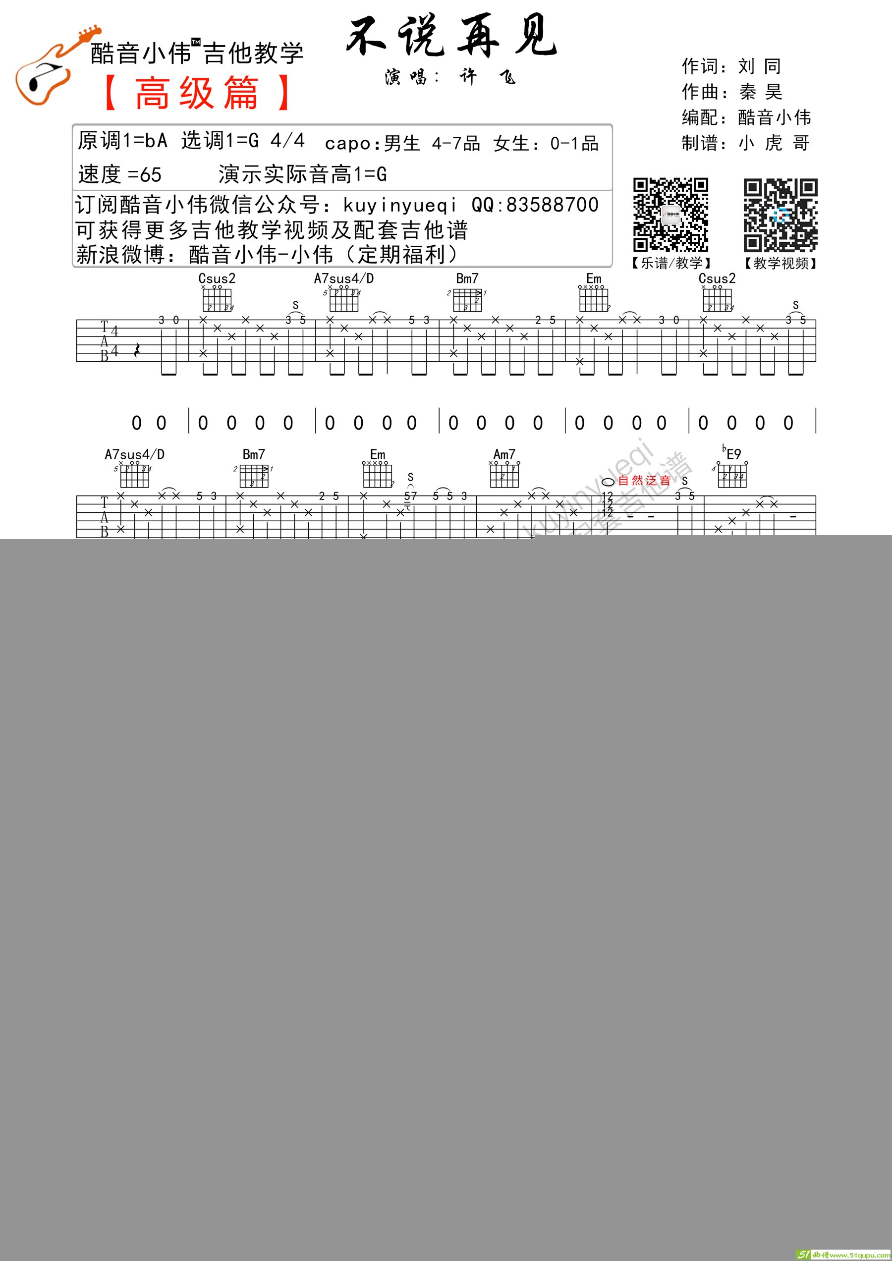 《不说再见》许飞版（酷音小伟吉弹唱教学）吉他谱