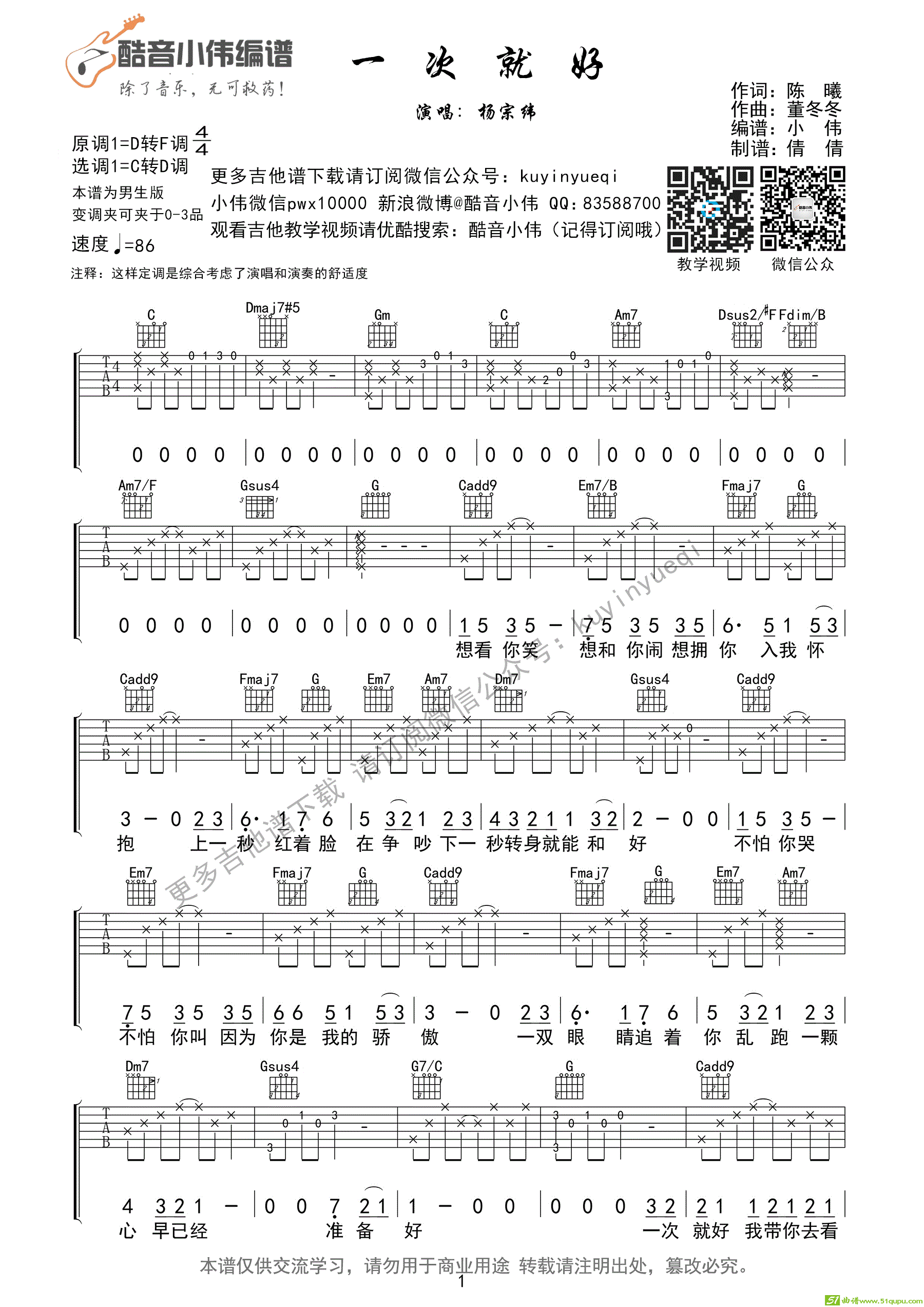 《一次就好》杨宗纬C调指法[简单弹&超好听]（酷音小伟编谱）吉他谱