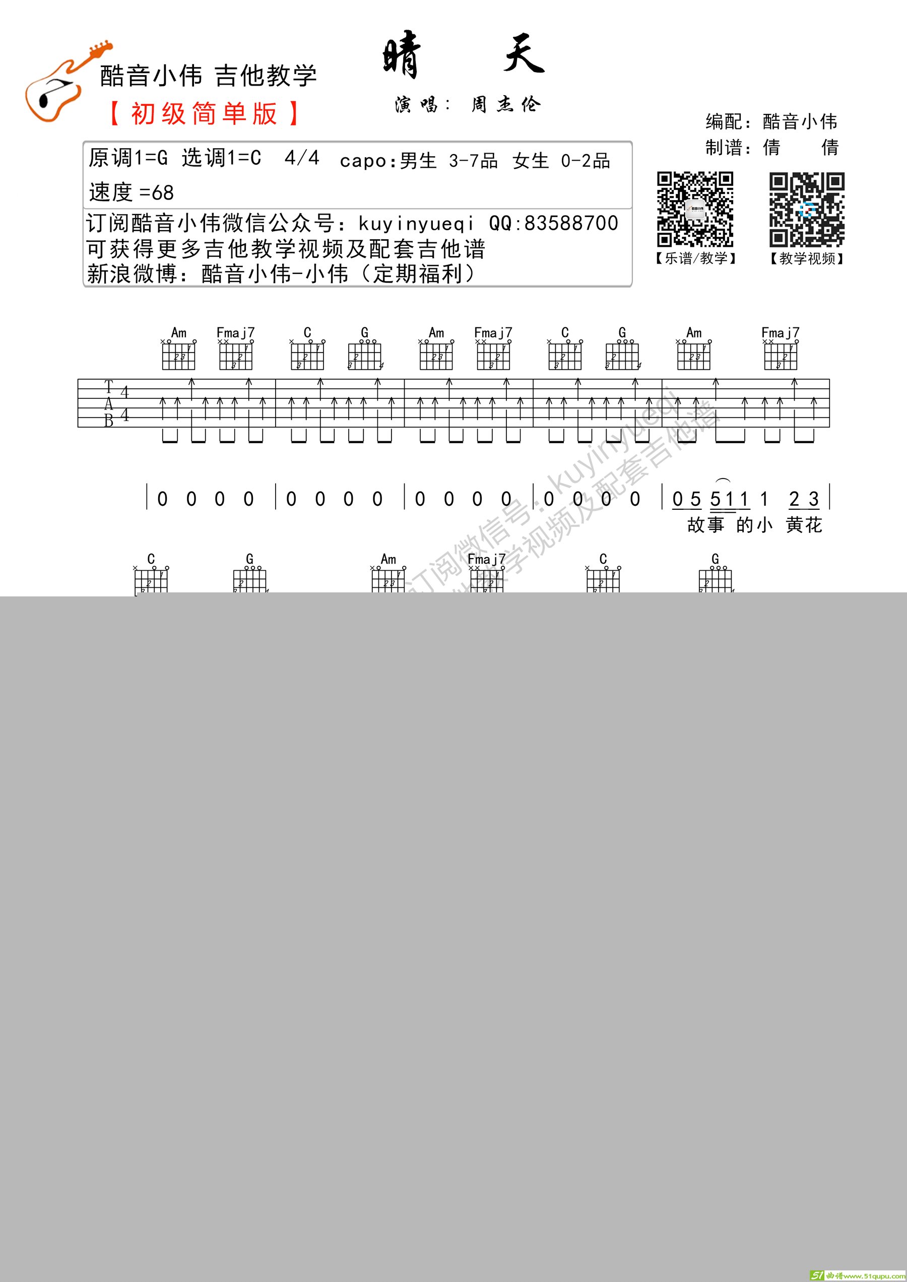 晴天（C调简单版酷音小伟编谱）吉他谱